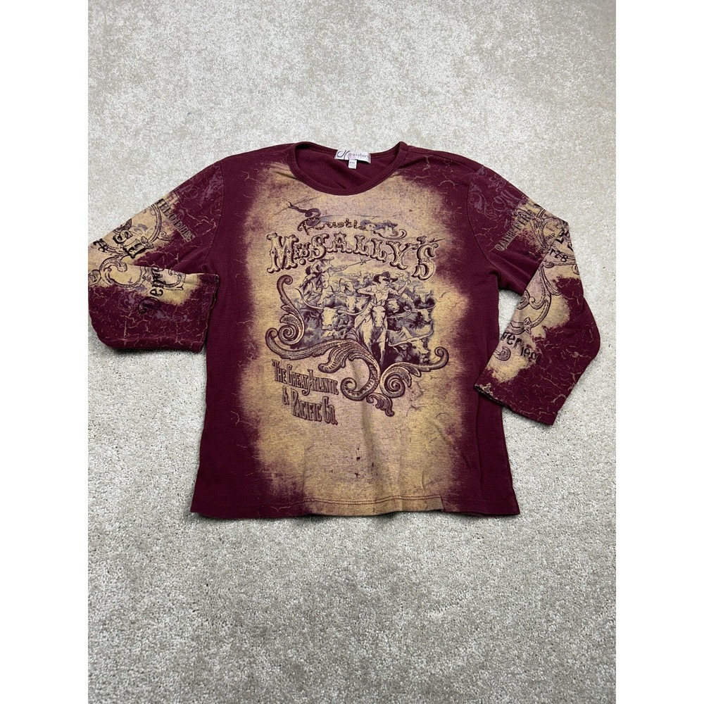 Dressbarn Shirt Womens Petite XL Red Western Cowgirl Rhinestone Long Sleeve Top